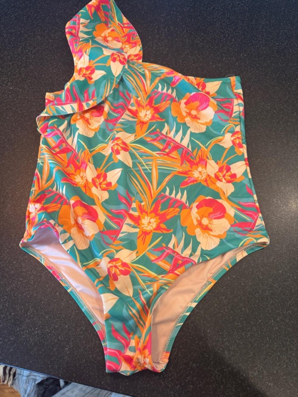 Girls' Tropical Floral One-Shoulder Swimsuit - Teal Pink Orange